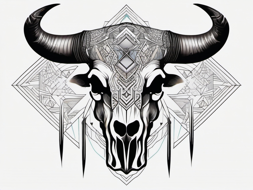 Bull skull with geometric patterns ink. Symmetry in the untamed.  color tattoo design, white background