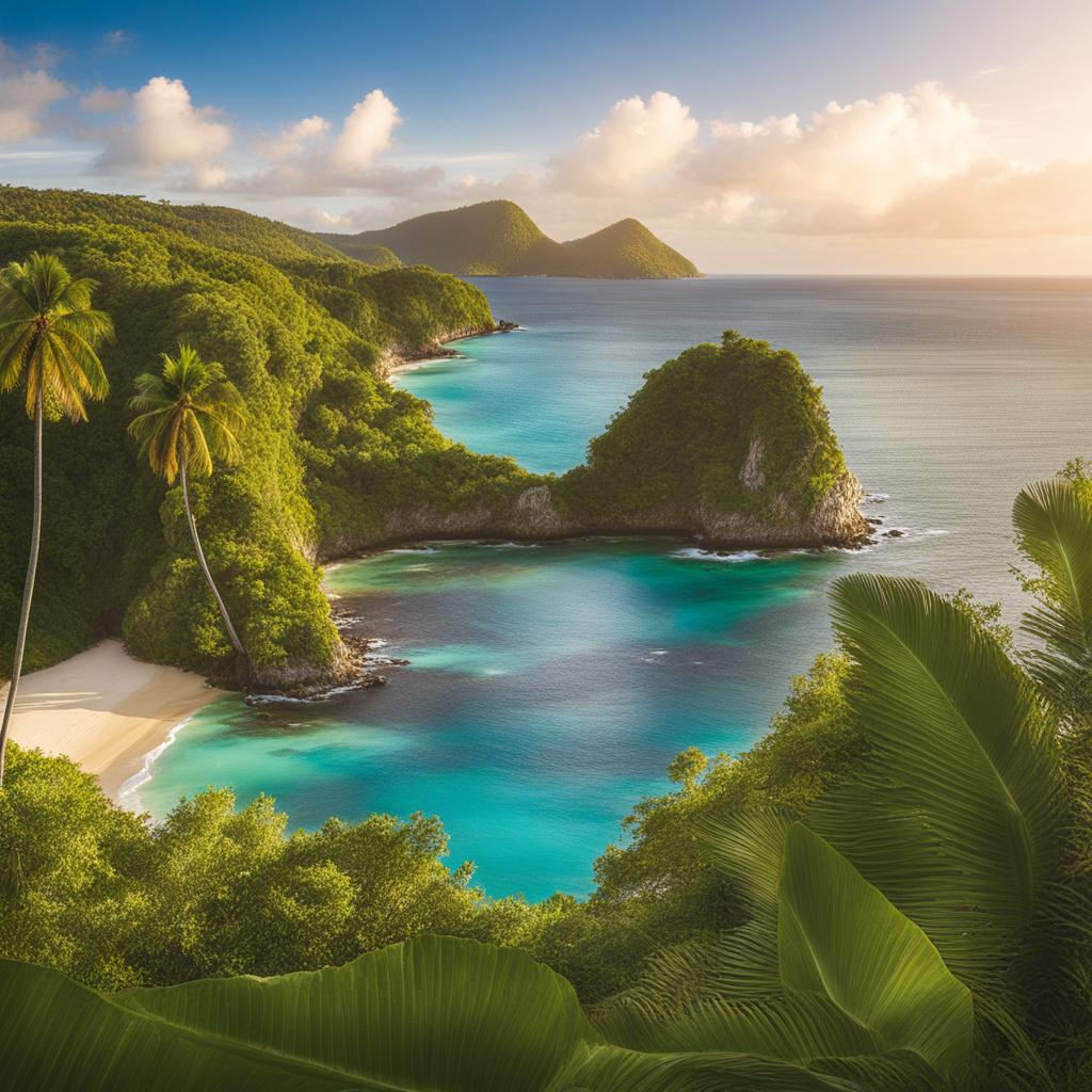 exotic guadeloupe islands - sketch the exotic landscapes of the guadeloupe islands, showcasing lush rainforests, waterfalls, and pristine beaches. 