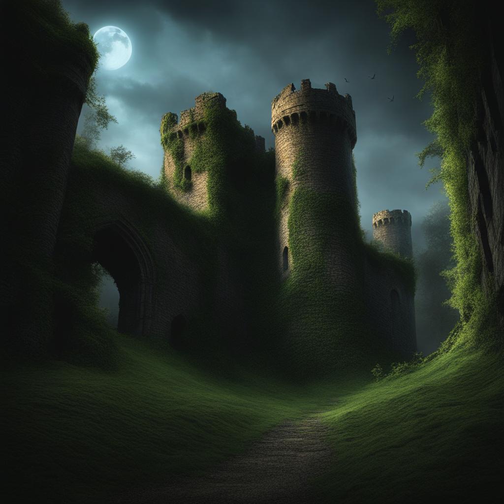 cursed castle ruins - capture the eerie beauty of cursed castle ruins with ivy-covered walls and eerie specters. 