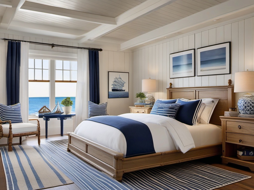 Nautical bedroom showcases blue and white bedding, ship-themed decor, and light wood accents that evoke a breezy seaside escape.  