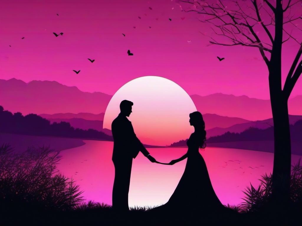 Valentine's Day background - Couple’s silhouette against a pink and purple sunset sky  aesthetic background wallpaper