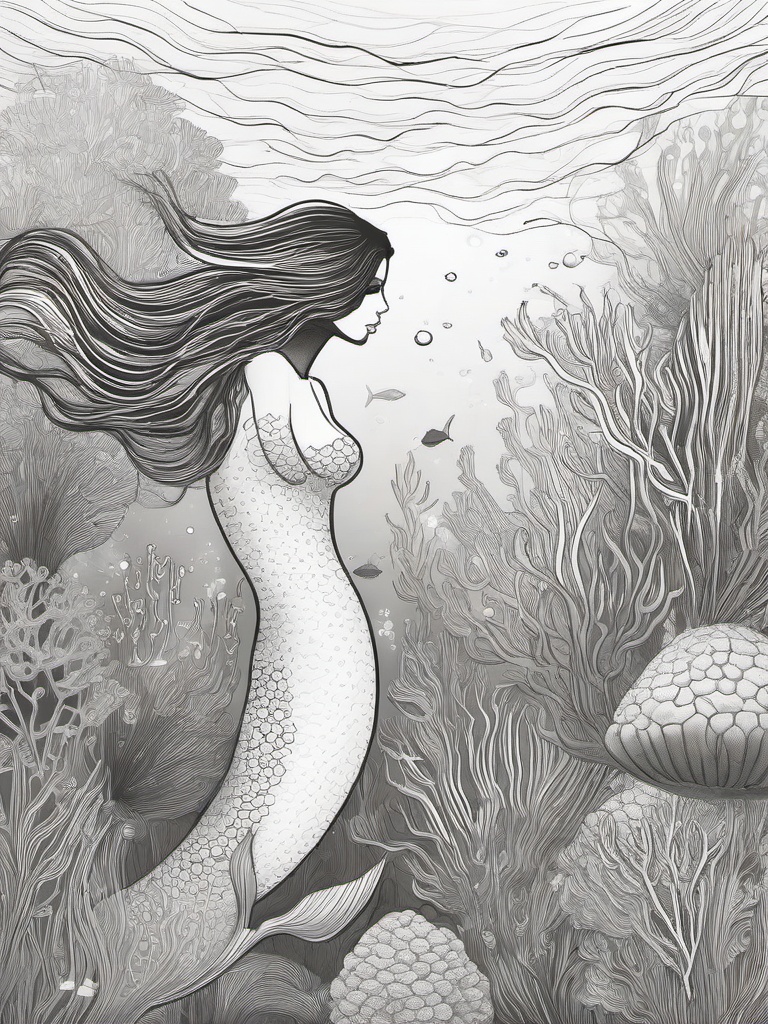 drawing of a mermaid in a coral reef  minimal rough sketch scribbles,doodles,black and white