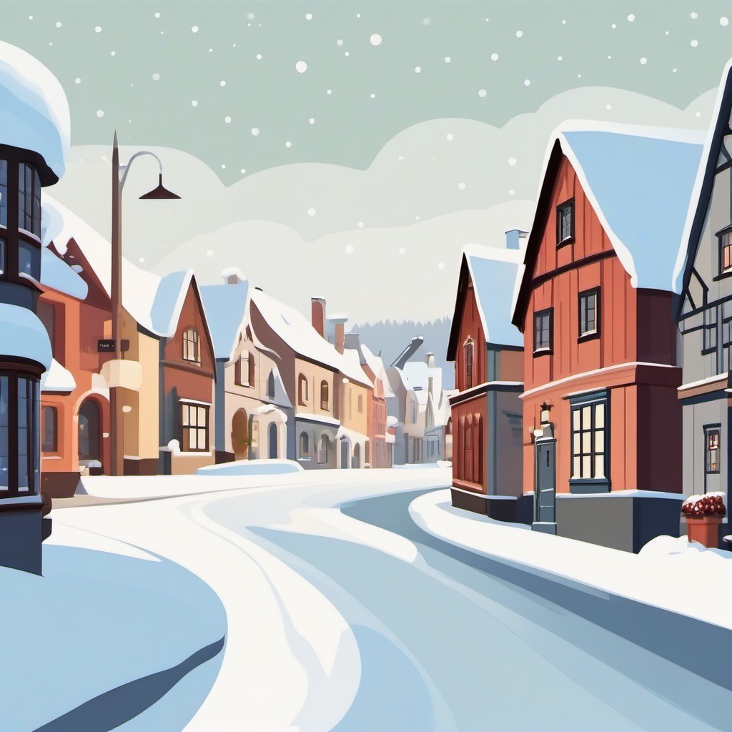 Snowy Village Street clipart - Quaint village street covered in snow, ,vector color clipart,minimal