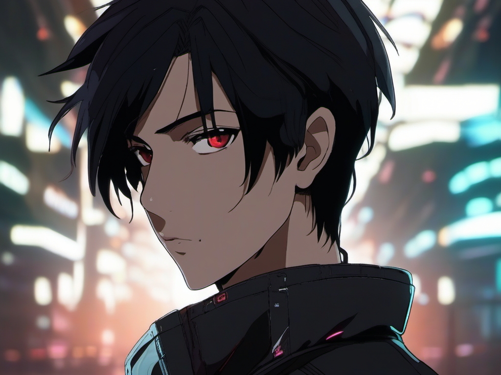 Front facing face, boy with black hair, round eyes in a cyberpunk dystopia.  close shot of face, face front facing, profile picture pfp, anime style