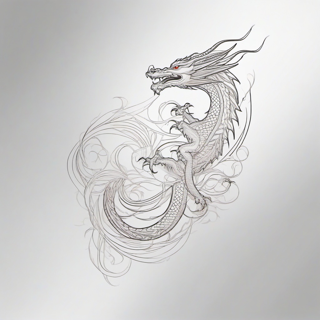 Fine Line Dragon Tattoo - Delicate dragon tattoo created with fine lines.  simple color tattoo,minimalist,white background