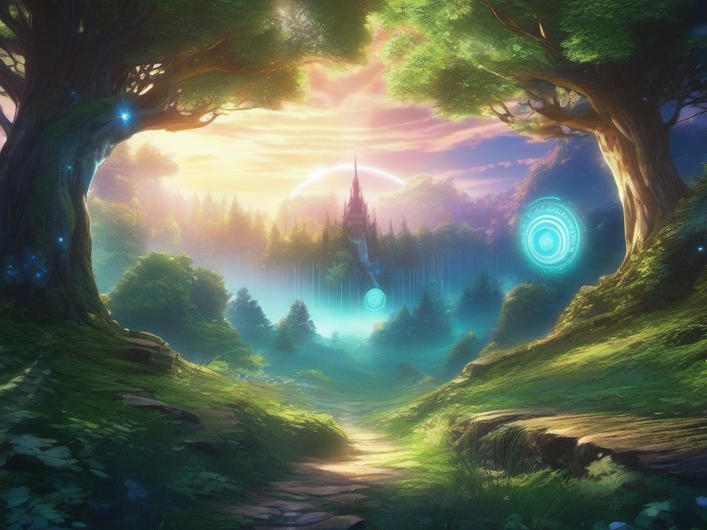 Enchanted forest with mystical portals to other realms. anime, wallpaper, background, anime key visual, japanese manga