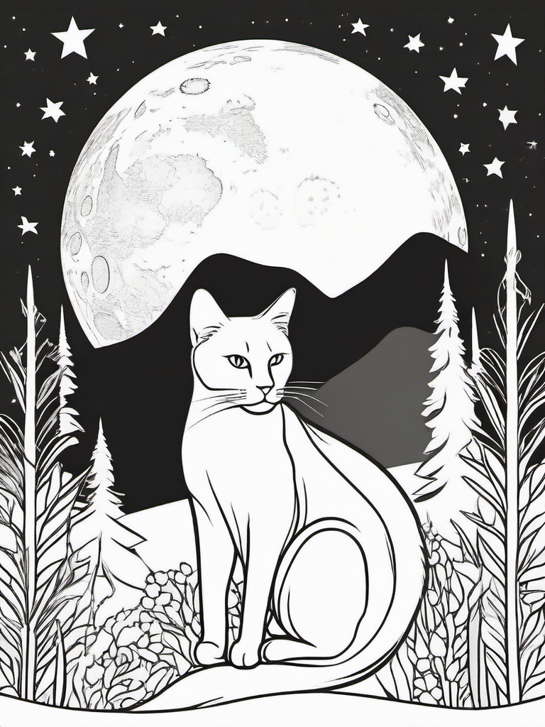 Cat and Moonlit Night Coloring Pages - Mystical Cat Under the Stars  minimal black outline printable sheet, coloring page