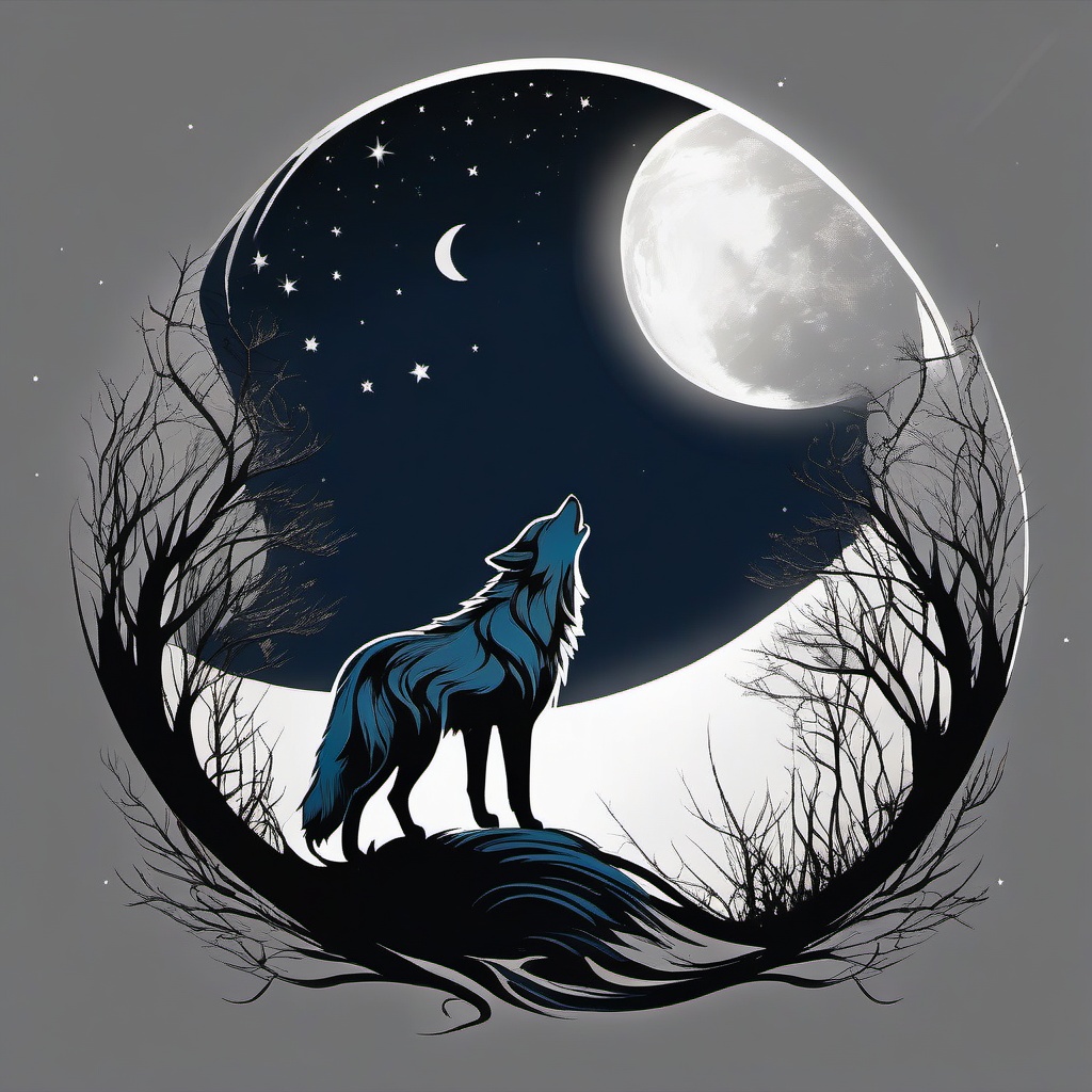 Wolf and Moon Tattoo,tranquil night with a wolf silhouetted against a radiant moon, peaceful guardian of the night. , color tattoo design, white clean background