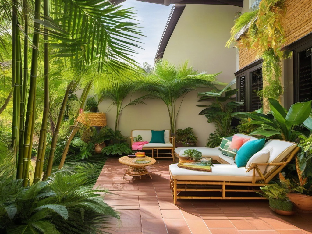 Tropical patio includes bright colors, bamboo accents, and lush greenery that bring a refreshing feel to outdoor spaces for leisure and relaxation.  