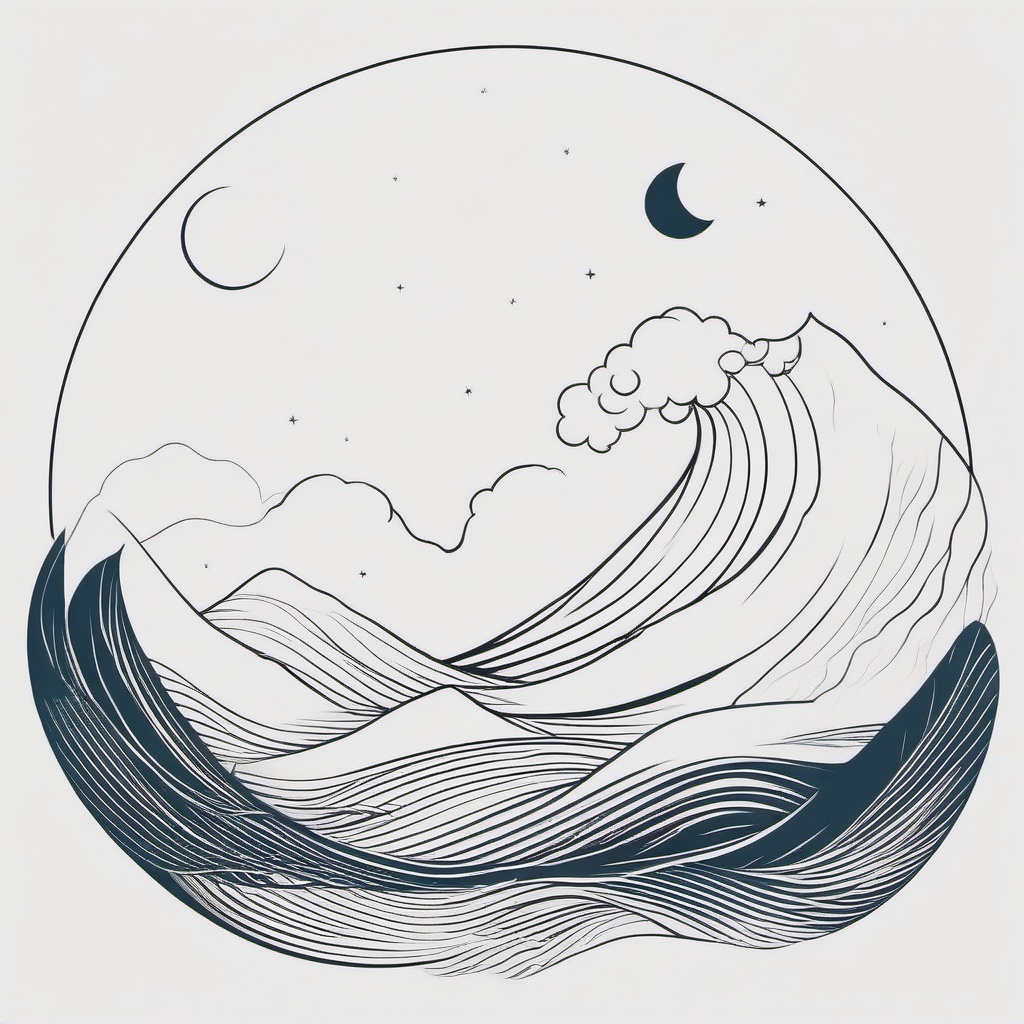 Minimalist Moon and Wave Tattoo - Embrace simplicity with a minimalist tattoo featuring a moon and waves.  simple vector color tattoo,minimal,white background