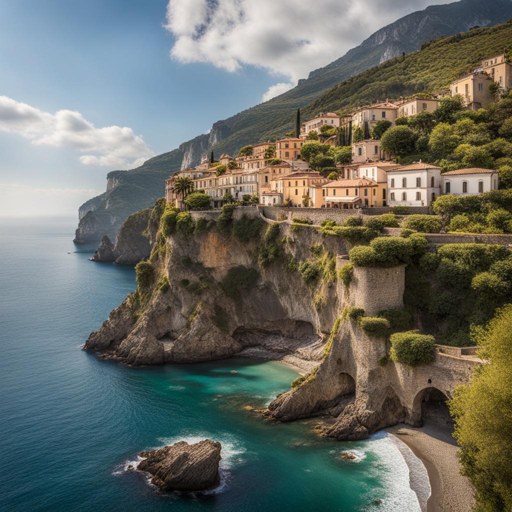 campania's lesser-known coast - create an artwork that captures the lesser-known coastal landscapes of campania, with rugged cliffs and hidden beaches. 