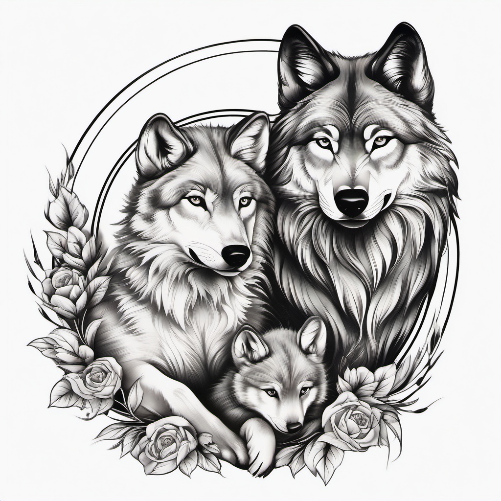 Wolf and Cub Tattoo,tattoo depicting a wolf with its cub, testament to maternal love and family bonds. , tattoo design, white clean background