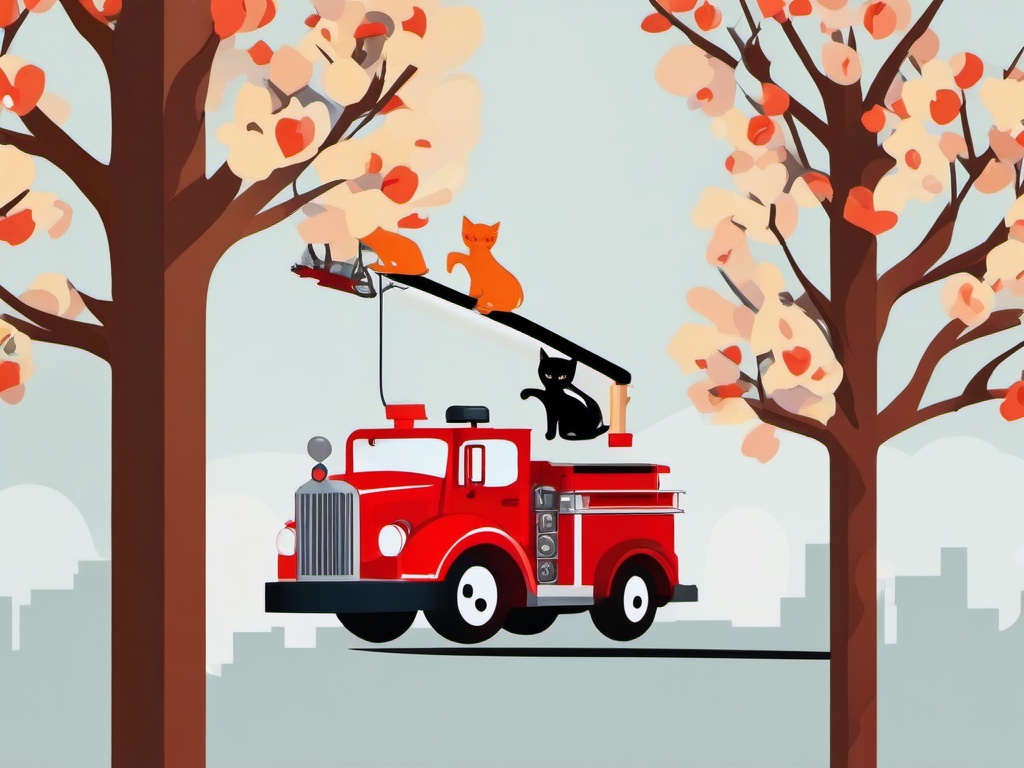 Fire Truck clipart - firefighters rescuing a cat from a tree  color,minimalist,vector clipart