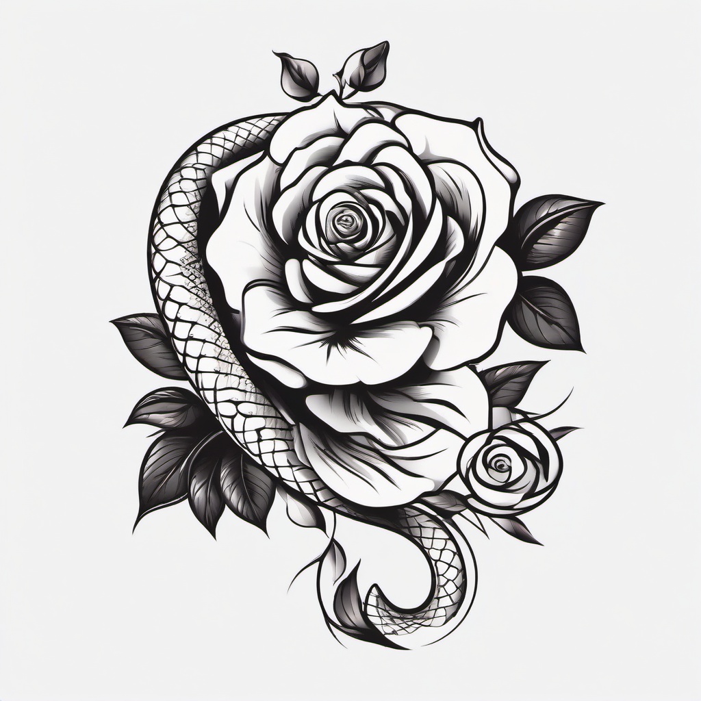 Snake with Rose Tattoo - Tattoo featuring a snake and rose motif.  simple vector tattoo,minimalist,white background