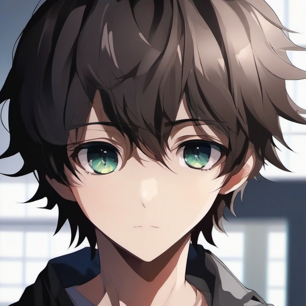 boy fac, dark hair,  front facing ,portrait shot, cute anime color style, pfp