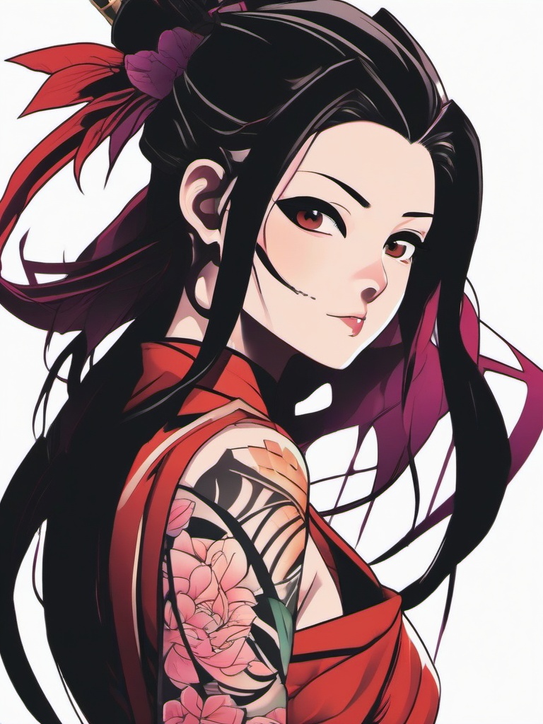 Nezuko Tattoo-Tattoo inspired by the character Nezuko from the popular series Demon Slayer, showcasing unique design elements.  simple color tattoo,white background