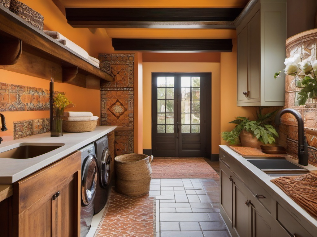 Spanish Revival laundry room incorporates warm colors, decorative tiles, and rustic accents for a vibrant and inviting atmosphere in a functional space.  