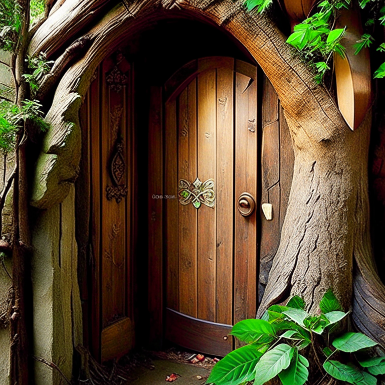 elf village bathroom with tree bark textures and elven script wall art. 