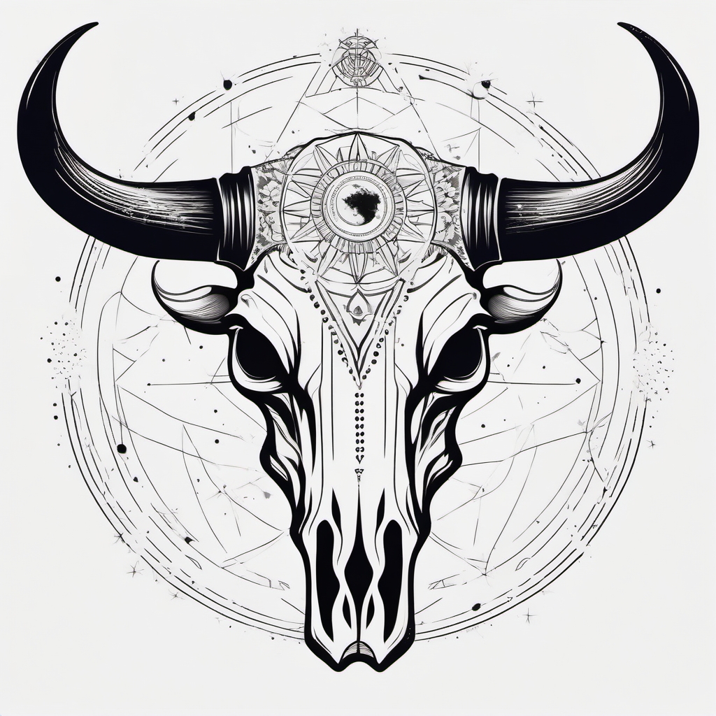 Bull skull with celestial elements tattoo. Cosmic energy in art.  minimalist black white tattoo style