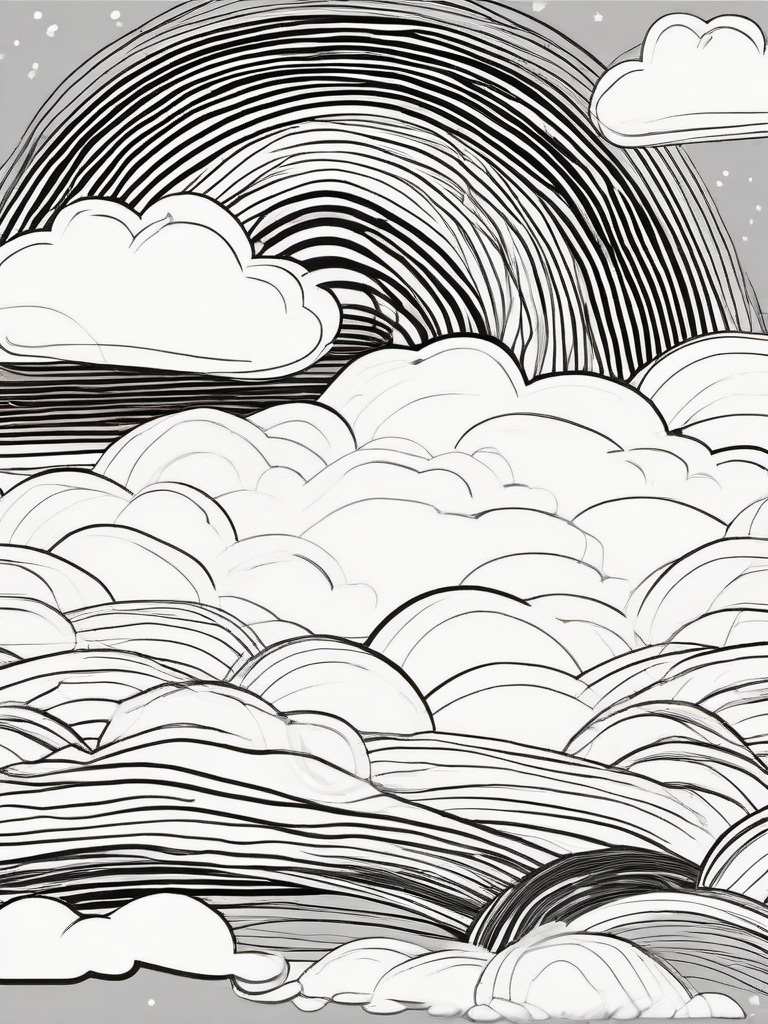 drawing of a rainbow with clouds  minimal rough sketch scribbles,doodles,black and white