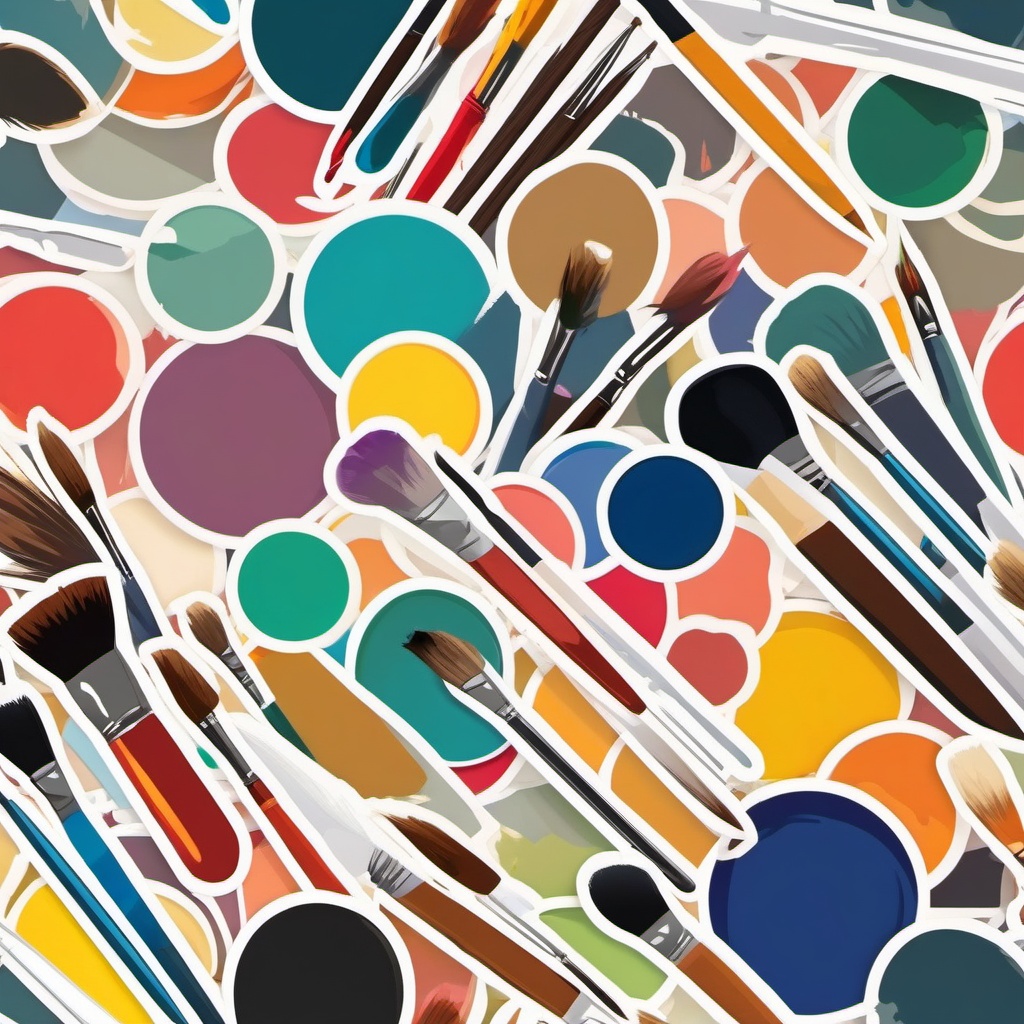 Palette with Paintbrushes Sticker - Palette surrounded by artistic paintbrushes, ,vector color sticker art,minimal