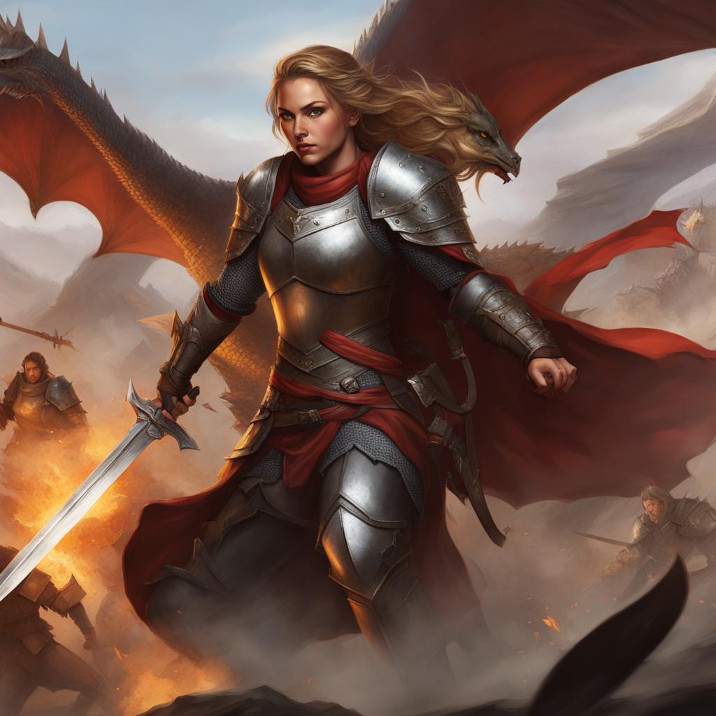 thalia brightblade, a human fighter, is leading a charge of knights against a dragon. 