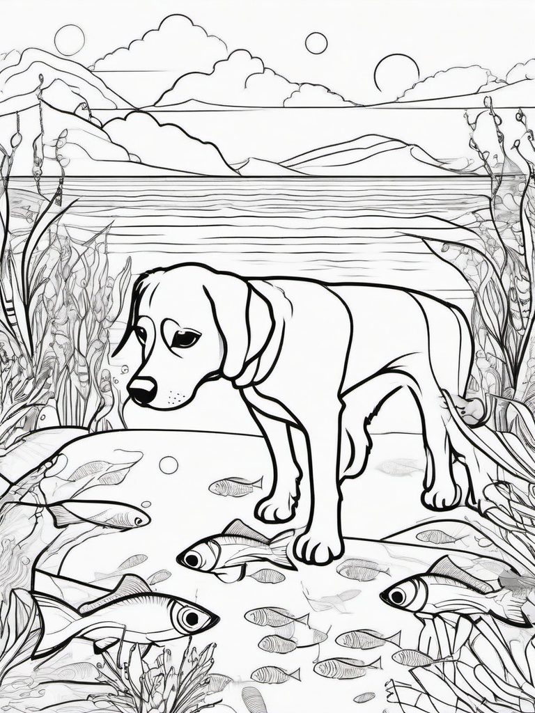 Dog and Fish Coloring Pages - Silly Scene of Dog Watching Fish  minimal black outline printable sheet, coloring page