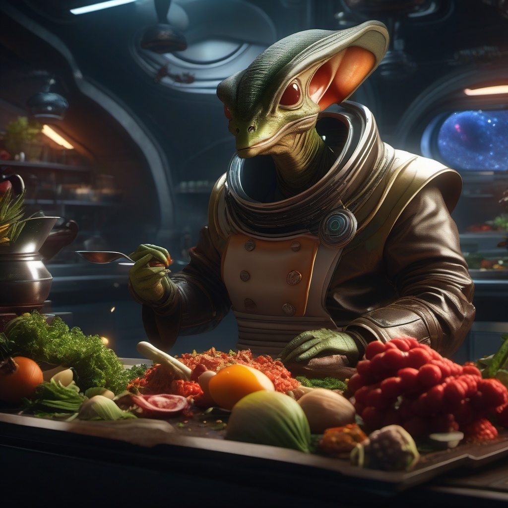 Intergalactic chef prepares a feast for an alien emperor using exotic ingredients from distant planets. 16k,8k