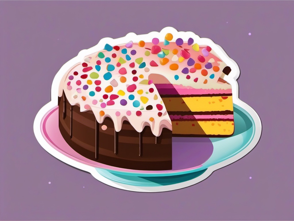 Cake Slice with Sprinkles Sticker - Delicious cake slice covered in colorful sprinkles, ,vector color sticker art,minimal