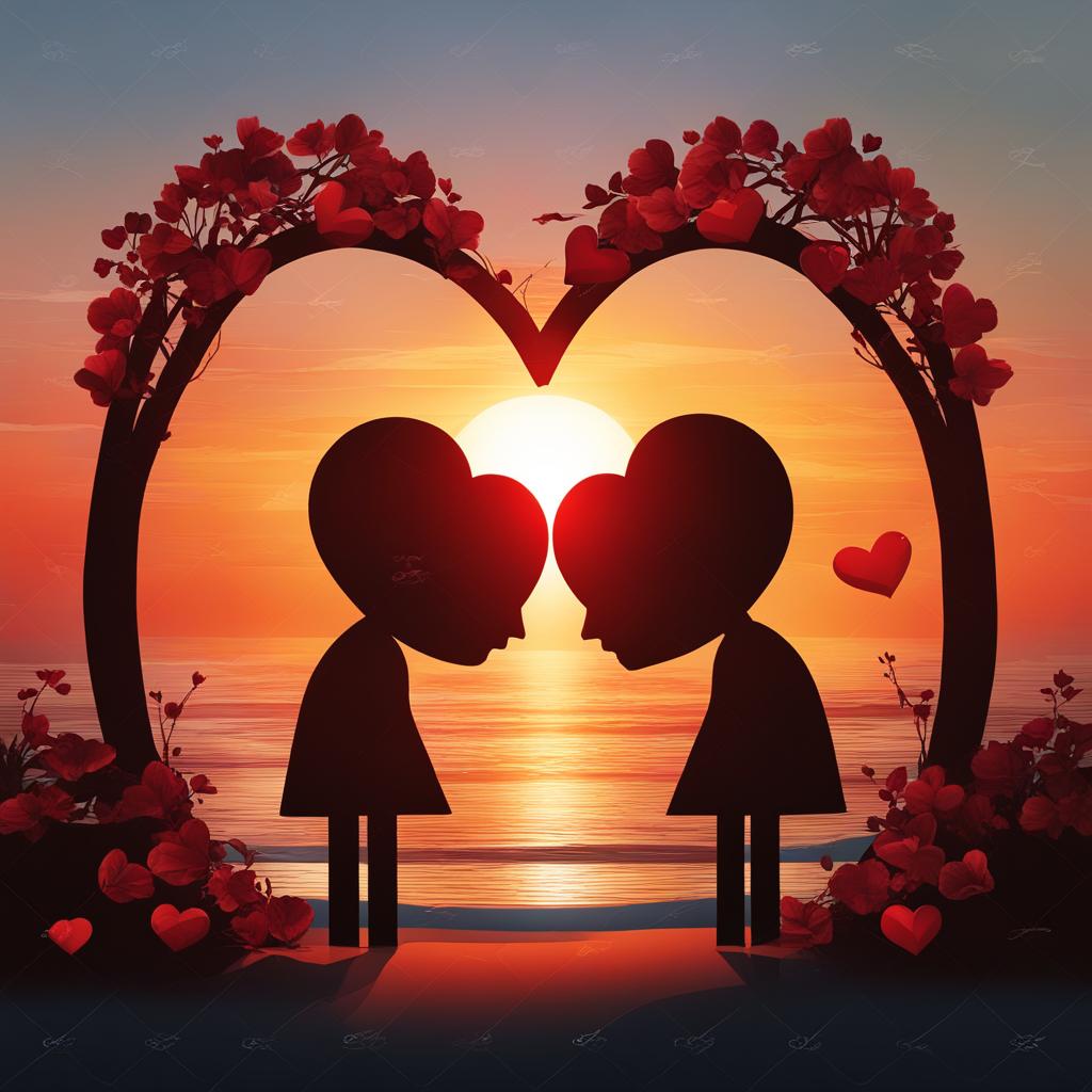 love clipart - two hearts locked in a passionate embrace, set against a sunset on a tranquil beach 