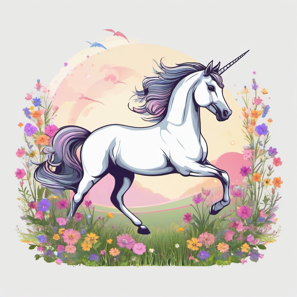 Unicorn clipart - unicorn prancing through a meadow  