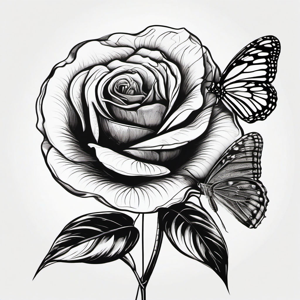 drawing of a rose blooming with butterflies  minimal rough sketch scribbles,doodles,black and white