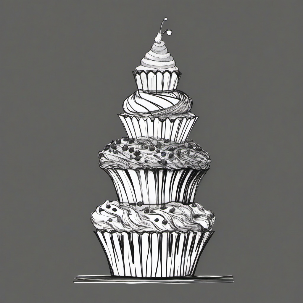 drawing of a cupcake tower  minimal rough sketch scribbles,doodles,black and white