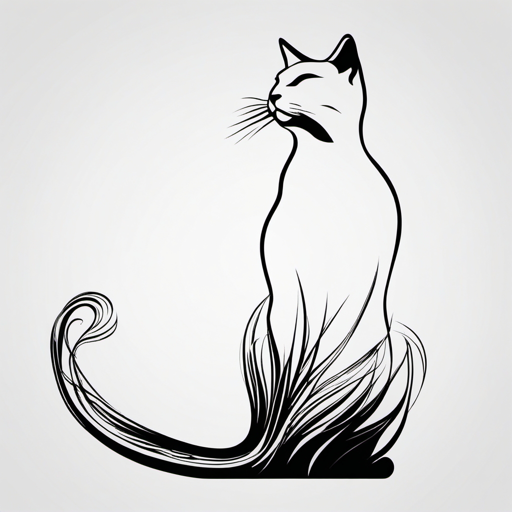 Graceful cat silhouette ink, capturing the essence of a minimalist masterpiece.  black white outline tattoo, white background