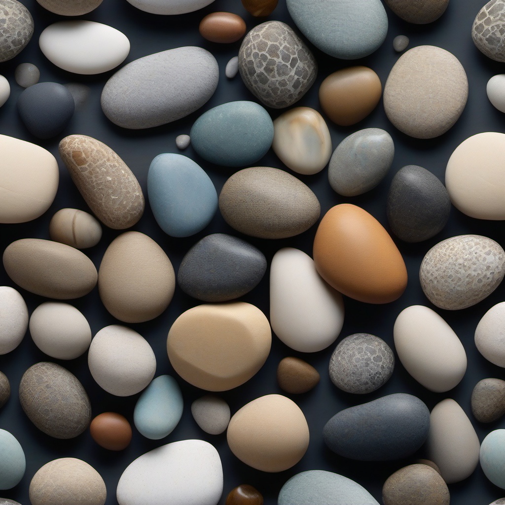 Pebbles in harmonious patterns with a blend of coastal hues top view, product photoshoot realistic background, hyper detail, high resolution