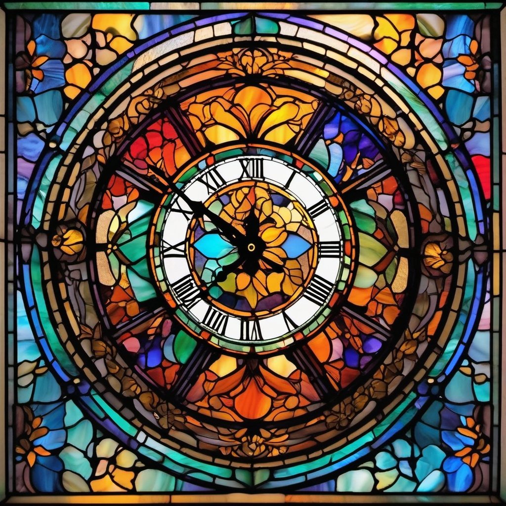 Stained glass window clock ink: Artistic representation of time in vibrant hues.  simple color tattoo style