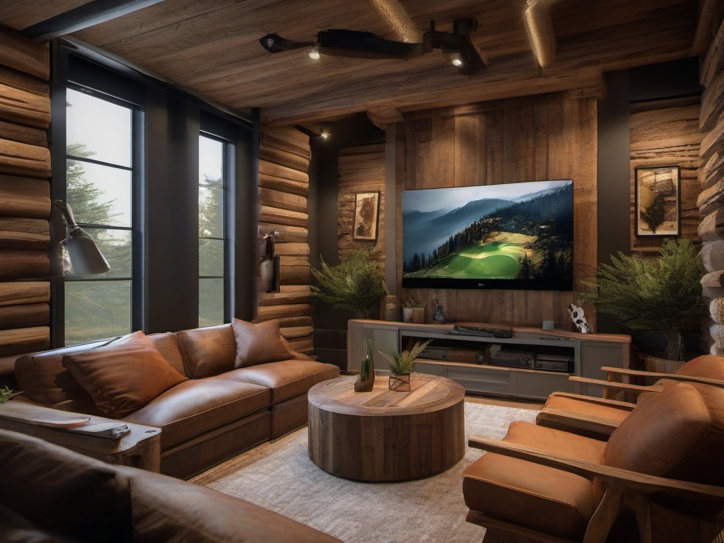 In the gamer room, rustic interior design features comfortable seating, natural wood accents, and earthy tones that create an immersive environment for gaming experiences.  