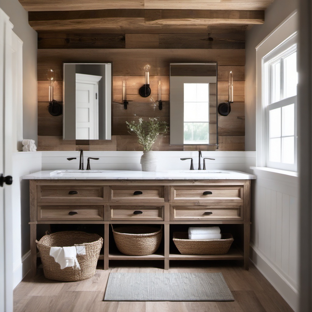 Modern Country Bathroom - Modern country bathroom with rustic wood and a neutral color palette. realistic, professional photography, bokeh, natural lighting, canon lens, shot on dslr 64 megapixels sharp focus