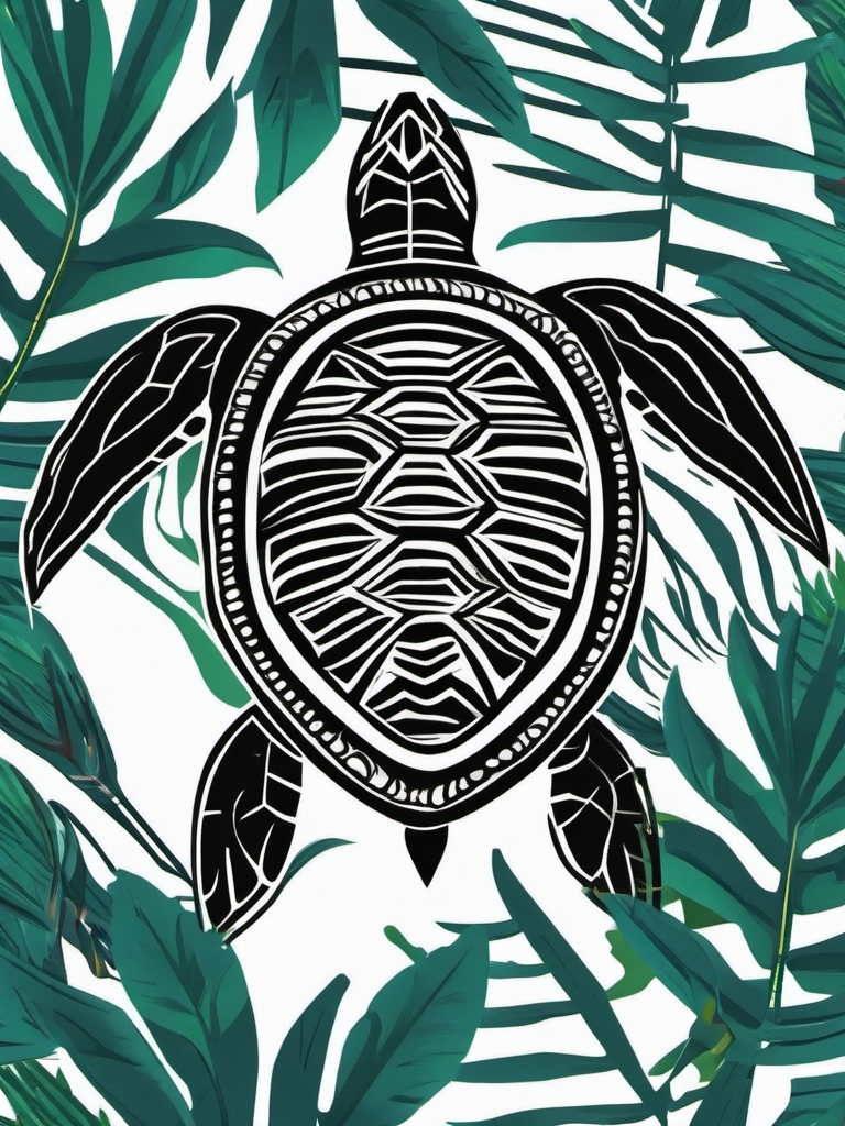 Hawaiian Turtle - Amidst tropical foliage, the Hawaiian turtle symbolizes the connection between the island's culture and nature.  vector art, clipart, minimal