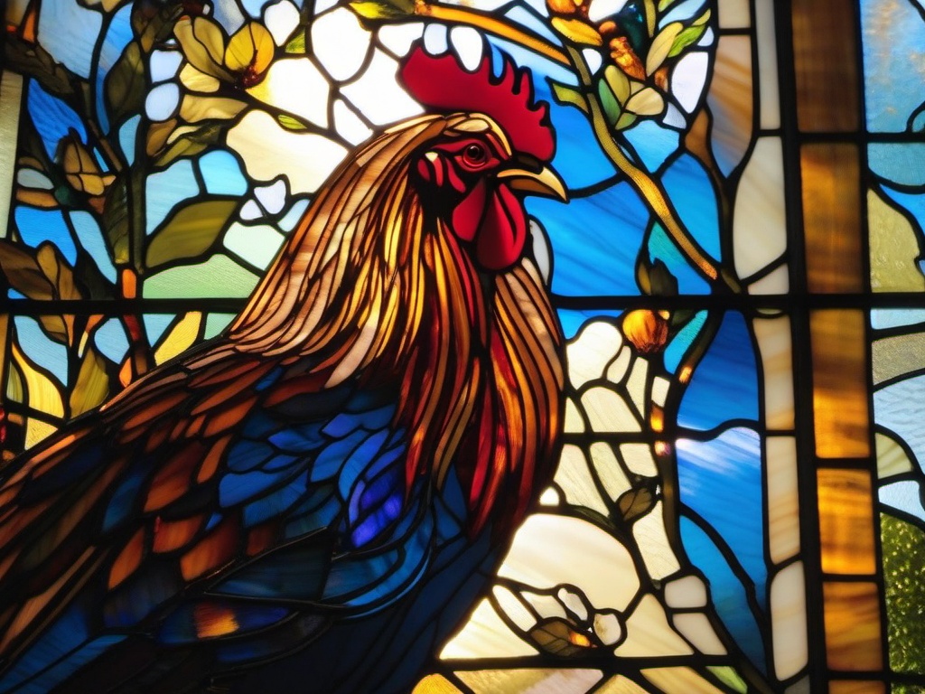 Stained Glass Cockerel - Cockerel crowing in morning light  