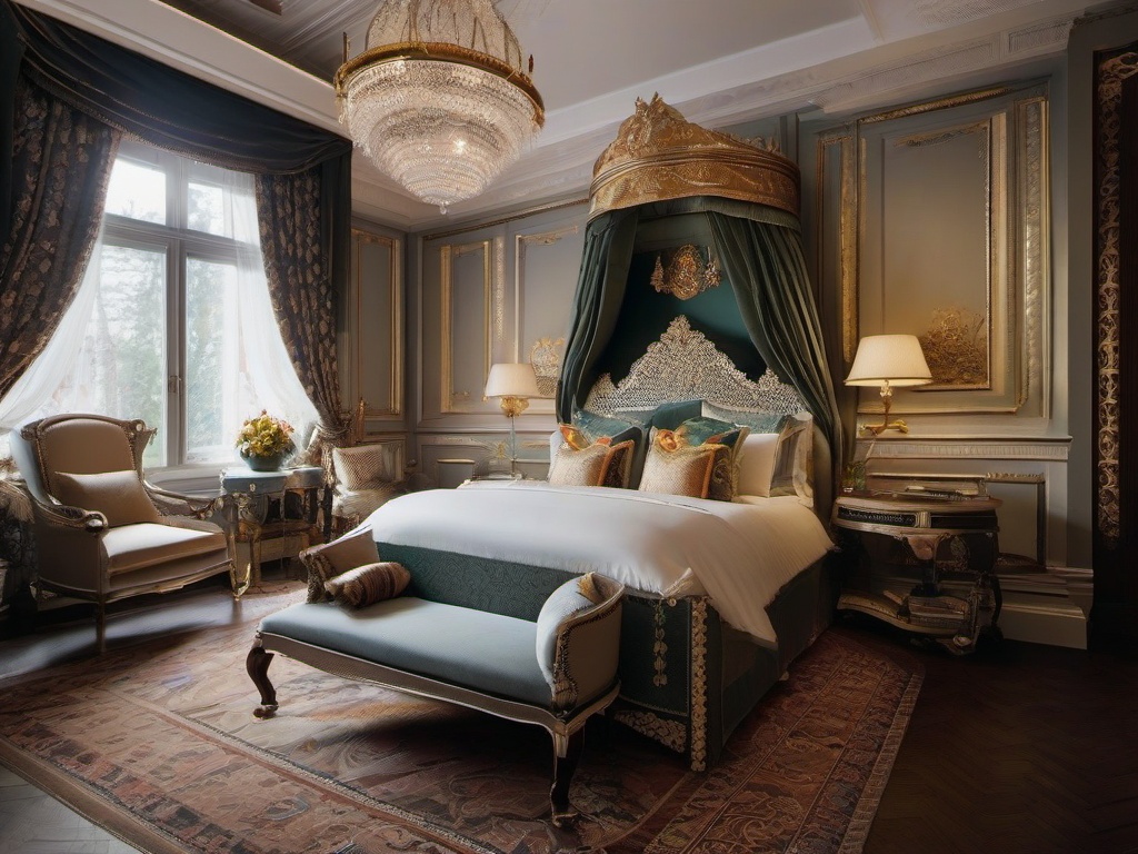 In the bedroom, Russian Revival interior design showcases an ornate bed frame, luxurious textiles, and traditional motifs that create a serene and opulent sanctuary for rest.  