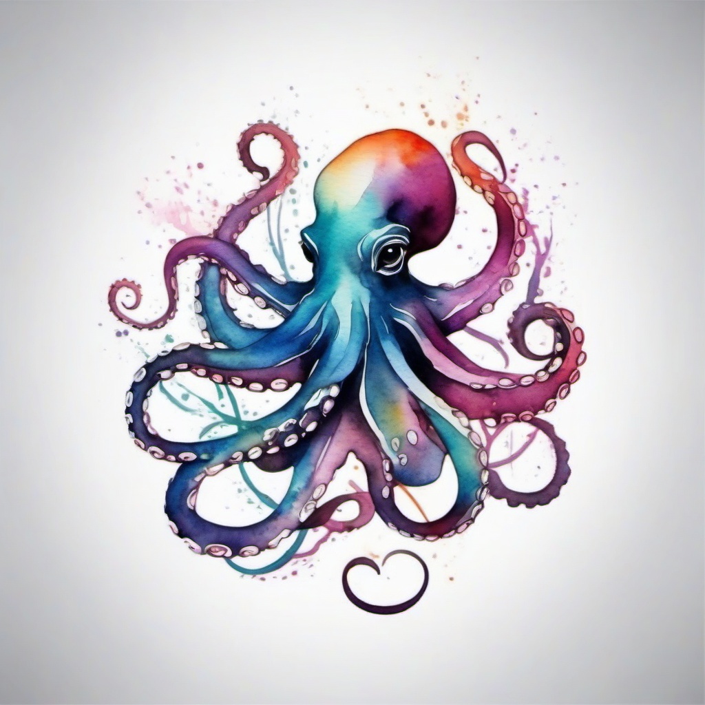 Watercolour Octopus Tattoo - Explore the beauty of watercolor art with a tattoo featuring an octopus design in watercolor style.  simple vector color tattoo,minimal,white background