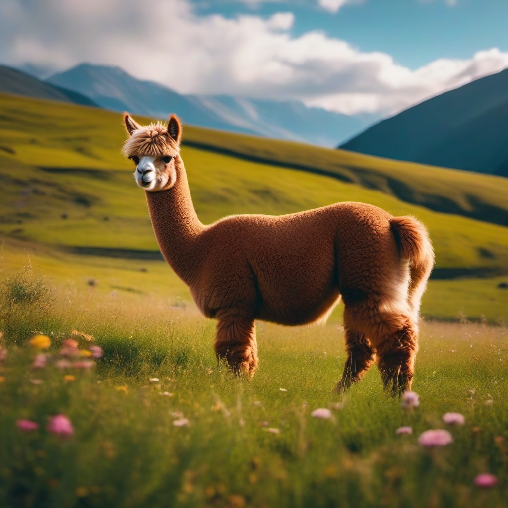 Cute Alpaca Grazing in a Mountain Meadow 8k, cinematic, vivid colors