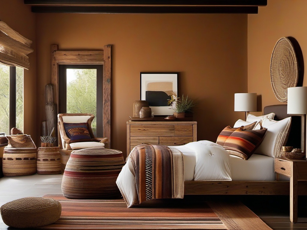 Southwestern bedroom combines earthy colors, woven textiles, and rustic furniture for a warm and welcoming atmosphere.  