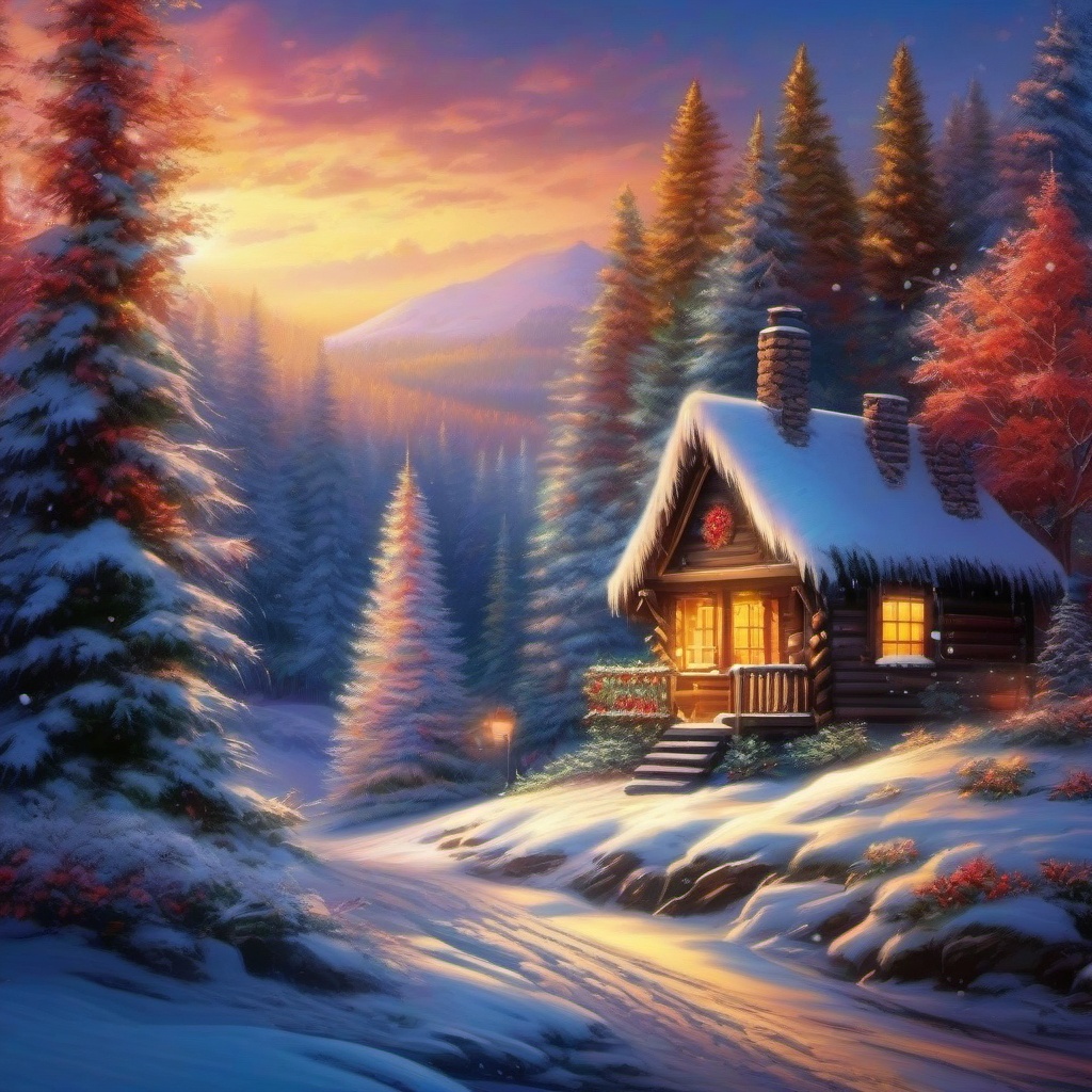 Christmas Scenery Wallpaper Cozy Cabin Retreats in a Winter Wonderland wallpaper splash art, vibrant colors, intricate patterns