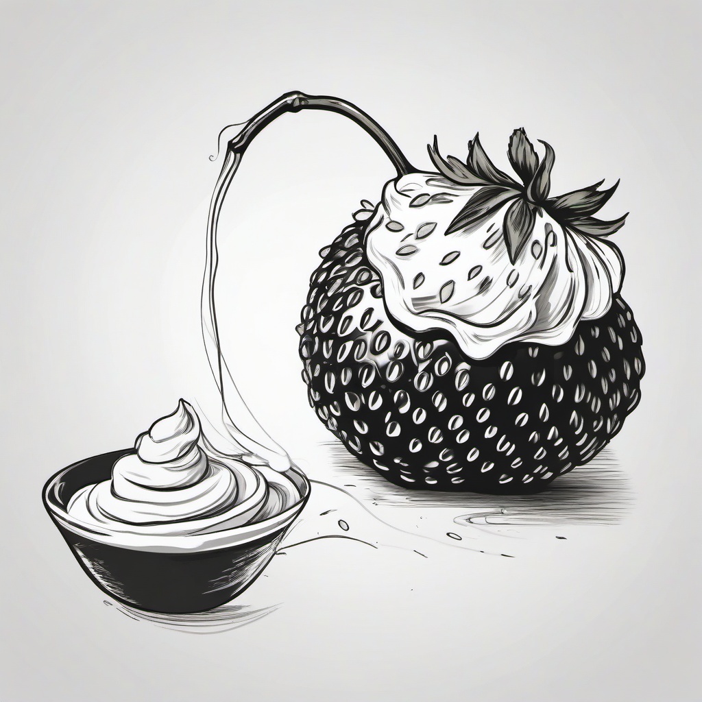 drawing of a strawberry with whipped cream  minimal rough sketch scribbles,doodles,black and white