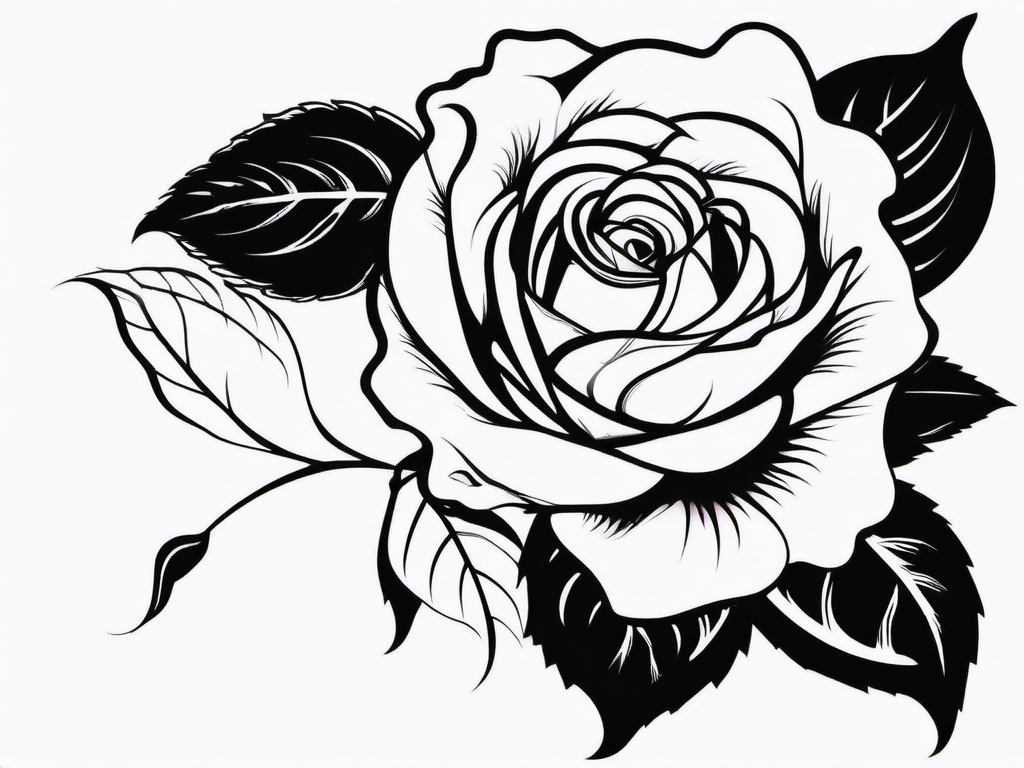 Rose Tattoo - A beautiful rose tattoo in full bloom  few color tattoo design, simple line art, design clean white background