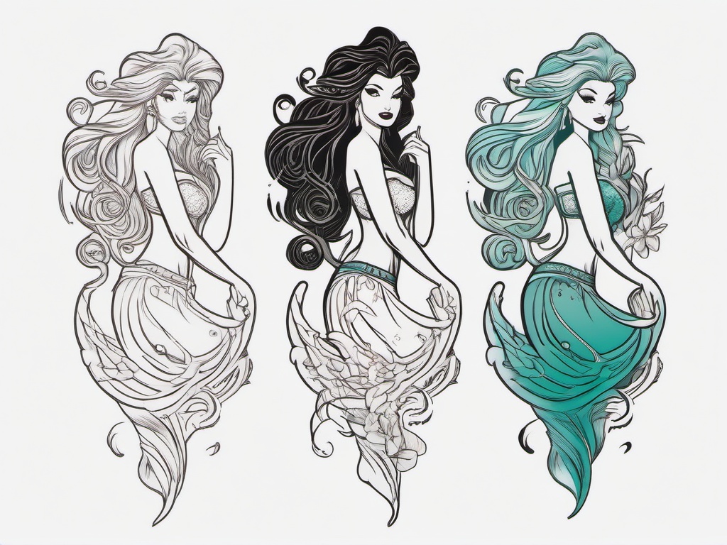 The Little Mermaid with Tattoos - Give a rebellious twist to The Little Mermaid with tattoos in your tattoo design.  simple vector color tattoo,minimal,white background