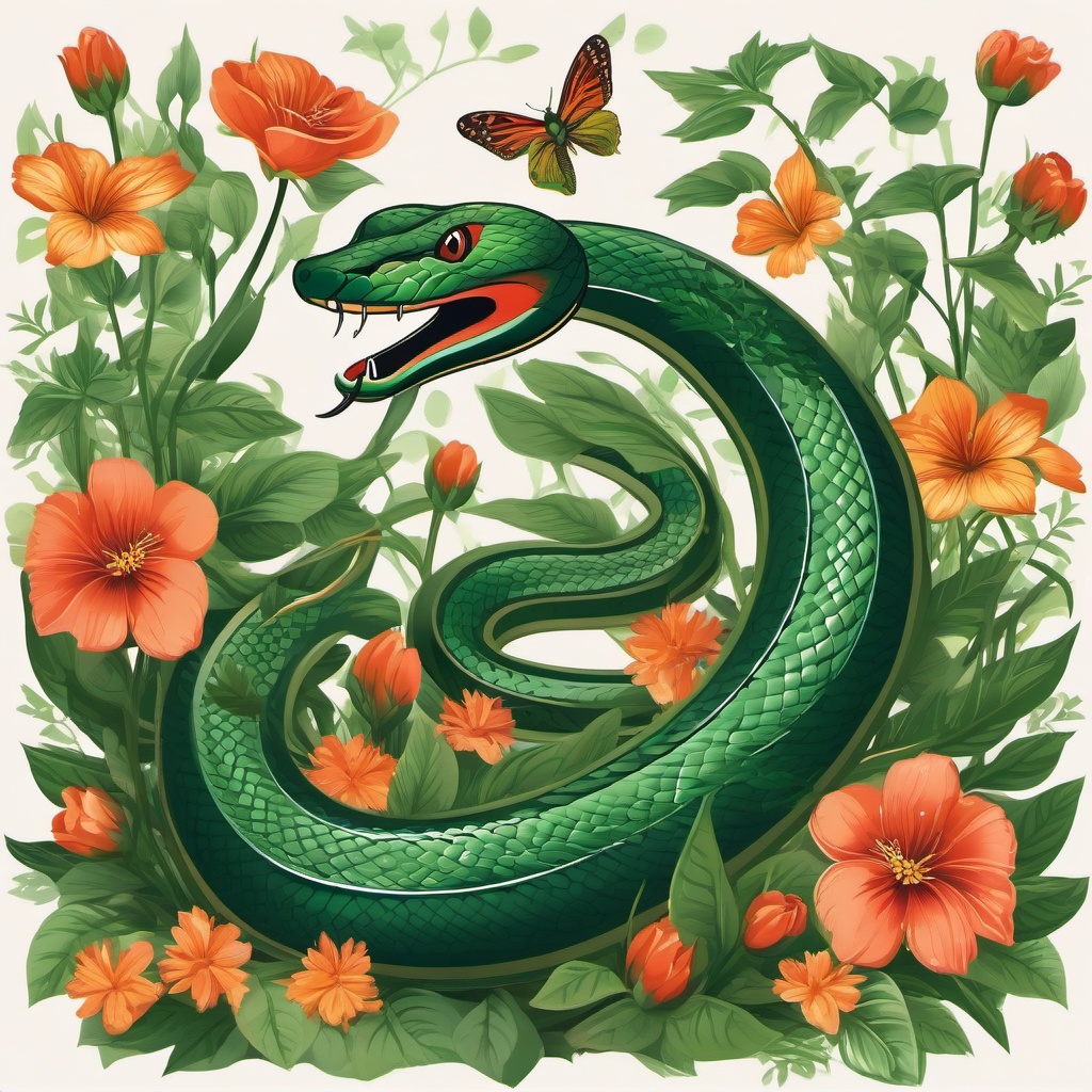 Snake Clipart in a Garden,Mysterious snake slithering through a lush garden, a symbol of transformation and healing. 