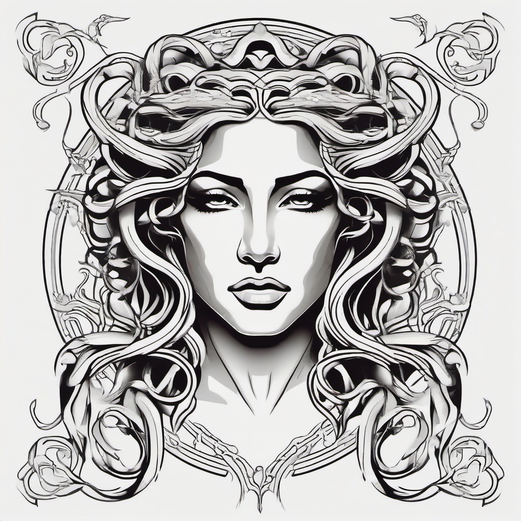 Medusa Line Tattoo - Opt for a clean and defined look with a line tattoo featuring Medusa, showcasing the outlines and details of this mythical figure.  simple vector color tattoo,minimal,white background